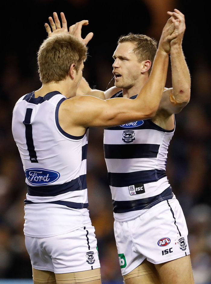 AFL 2016 Rd 13 - Western Bulldogs v Geelong MELBOURNE, AUSTRALIA - JUNE 18: Joel Selwood of the Cats celebrates a goal with Rhys Stanley of the Cats during the 2016 AFL Round 13 match between the Western Bulldogs and the Geelong Cats at Etihad Stadium on June 18, 2016 in Melbourne, Australia. (Photo by Adam Trafford/AFL Media)